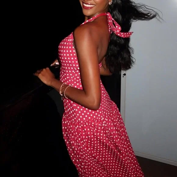 Women's Polka Dot Maxi Dress Polyester Spandex Halter Neck Party Beach Wear